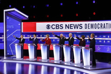 Election 2020 Debate From left, Democratic presidential candidates, former New York City Mayor Mike Bloomberg, former South Bend Mayor Pete Buttigieg, Sen. Elizabeth Warren, D Mass., Sen. Bernie Sanders, I Vt., former Vice President Joe Biden, Sen. Amy Klobuchar, D Minn., and businessman Tom Steyer, participate in a Democratic presidential primary debate at the Gaillard Center, Tuesday, Feb. 25, 2020, in Charleston, S.C., co hosted by CBS News and the Congressional Black Caucus Institute. (AP Photo/Patrick Semansky) The Associated Press