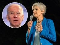 (INSET: Joe Biden) Green party presidential candidate Jill Stein addresses supporters at Pershing Square in Los Angeles.