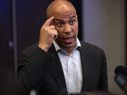 U.S. Senator Cory Booker speaking with the media at the 2019 Iowa Federation of Labor Convention hosted by the AFL-CIO at the Prairie Meadows Hotel in Altoona, Iowa.