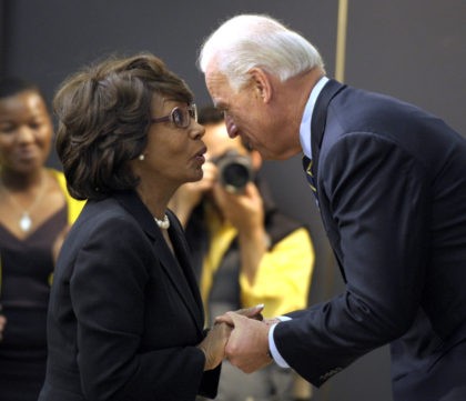 Vice President Joe Biden talks with Rep. Maxine Waters, D-Calif., before speaking in the S