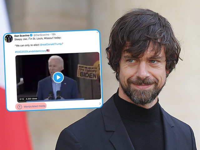 (INSET: screenshot of Trump campaign's Dan Scavino with a tweet labeled "manipulated media") Twitter CEO Jack Dorsey leaves after his talk with French President Emmanuel Macron at the Elysee Palace Friday, June 7, 2019 in Paris. (AP Photo/Francois Mori)