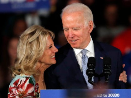 Democratic presidential candidate former Vice President Joe Biden, accompanied by his wife