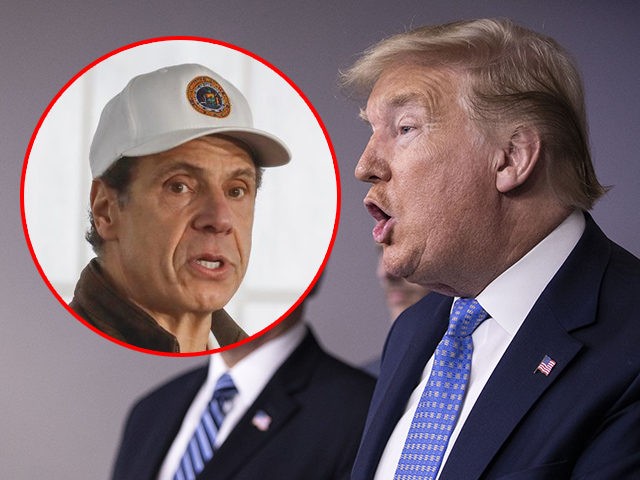 (INSET: NY Gov. Andrew Cuomo) President Donald Trump, accompanied by Vice President Mike P