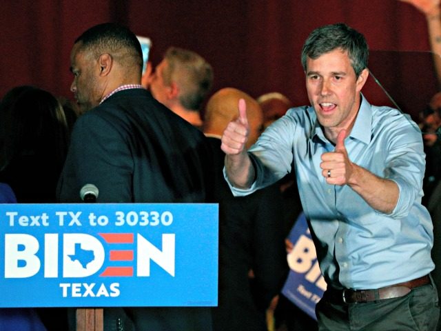 Former Texas Rep. Beto O'Rourke gestures after endorsing Democratic presidential candidate former Vice President Joe Biden at a campaign rally Monday, March 2, 2020 in Dallas. (AP Photo/Richard W. Rodriguez)