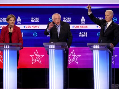 Democratic presidential candidates (L-R) Sen. Elizabeth Warren (D-MA), Sen. Bernie Sanders