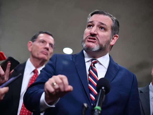 US Senator from Texas, Ted Cruz speaks to the media during a recess in the impeachment tri