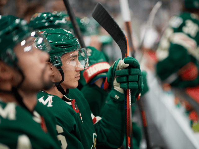 Jared Spurgeon #46 of the Minnesota Wild looks on during the game against the Calgary Flam
