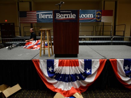 DURHAM, NC - FEBRUARY 14: Workers break down the set after Democratic presidential candida