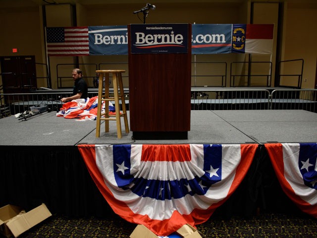DURHAM, NC - FEBRUARY 14: Workers break down the set after Democratic presidential candidate Sen. Bernie Sanders (I-VT) hosted a rally at the Durham Convention Center on February 14, 2020 in Durham, North Carolina.After remarks about Sander's campaign agendas, Sanders greeted crowds before leaving for another rally in Charlotte, NC. …