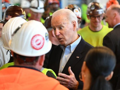 Democratic presidential candidate Joe Biden meets workers as he tours the Fiat Chrysler pl