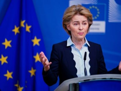 European Commission President Ursula von der Leyen speaks during a press statement at the