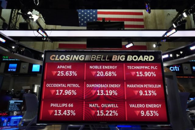 The numbers are displayed after the closing bell of the Dow Industrial Average at the New York Stock Exchange on March 11, 2020 in New York. - Wall Street stocks dove deeper into the red in afternoon trading on March 11, 2020, with losses accelerating after the World Health Organization …