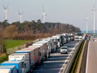 A 10 km queue of trucks stuck on the A12 motorway near the Polish-German border from outside the eastern German town of Frankfurt (Oder) on March 16, 2020, as measures are taken to slow down the spread of the novel coronavirus. - Polish Prime Minister Mateusz Morawiecki said Poland's borders …