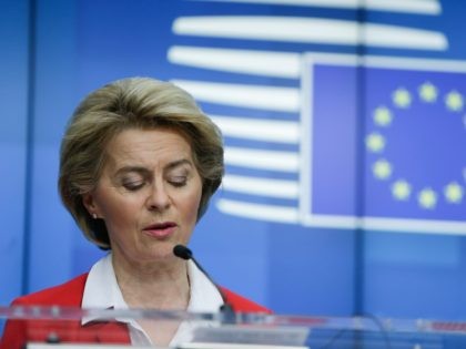 President of European Commission, Ursula Von der Leyen, gives a press conference after EU leaders' video conference on COVID-19, caused by the novel coronavirus, at the European Council building in Brussels, on March 17, 2020. (Photo by Aris Oikonomou / AFP) (Photo by ARIS OIKONOMOU/AFP via Getty Images)
