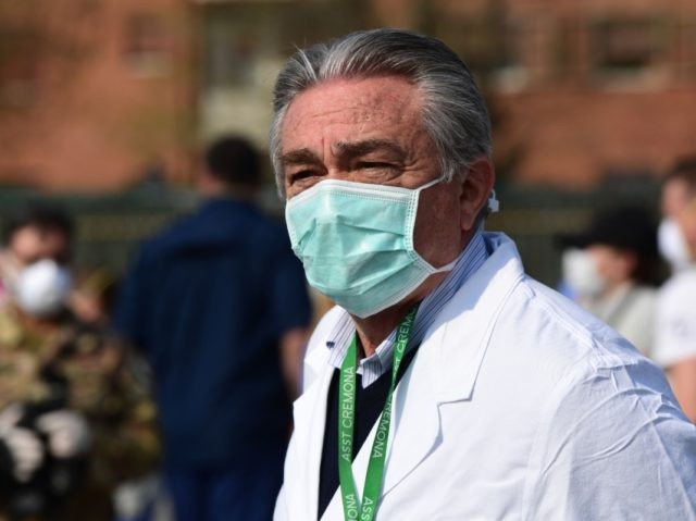 A view taken on March 20, 2020 in Cremona, southeast of Milan, shows Healthcare Director o