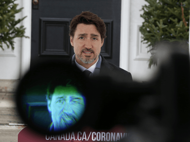 Canadian Prime Minister Justin Trudeau speaks during a news conference on COVID-19 situation in Canada from his residence March 24, 2020 in Ottawa, Canada. - Bombardier said March 24 it will halt its aircraft and trains assembly lines in Canada after Quebec and Ontario ordered all non-essential businesses shut to …