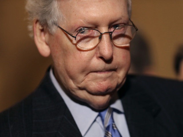 WASHINGTON, DC - FEBRUARY 25: Senate Majority Leader Mitch McConnell (R-KY) (C) talks to reporters following the weekly Republican policy luncheon at the U.S. Capitol February 25, 2020 in Washington, DC. U.S. Attorney General William Barr joined the Republicans during their luncheon to talk about reauthorizing a controversial surveillance program, …