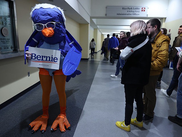 ST. PAUL, MINNESOTA - MARCH 02: A person wears a 'Bernie Bird' costume as people leave a c