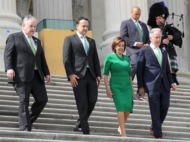 WASHINGTON, DC - MARCH 12: U.S. House Speaker Nancy Pelosi (D-CA), Irish Taoiseach Leo Varadkar (2nd L), Rep. Peter King (R-NY) and Rep. Richard Neal (D-MA) (R) walk out of the U.S. Capitol after the annual Friends of Ireland luncheon at the Rayburn Room of U.S. Capitol March 12, 2020 …