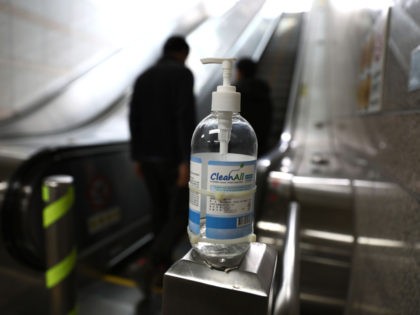 SEOUL, SOUTH KOREA - MARCH 13: Hand Sanitizer is seen at the escalator on March 13, 2020 i