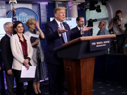 WASHINGTON, DC - MARCH 16: U.S. President Donald Trump, joined by members of the Coronavirus Task Force, speaks about the coronavirus in the press briefing room at the White House on March 16, 2020 in Washington, DC. The United States has surpassed 3,000 confirmed cases of the COVID-19, and the …