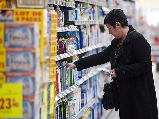 A woman shops in the detergent section of a Leclerc' hypermarket on February 21, 2012 in L