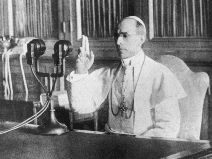 circa 1942: Pope Pius XII (1876 - 1958), born Eugenio Maria Guiseppe Giovanni Pacelli in Rome, makes a radio broadcast from the Vatican. His message is a prayer for peace at Christmas, and an end to World War II. (Photo by Keystone/Getty Images)