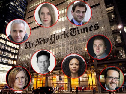 (INSETS: Clifford Levy, Julie Bosman, Pete Baker, Sharon LaFraniere, Michael Cooper, Mike Baker, Mara Gay, Aaron E. Carroll) New York, NY, USA - July 11, 2016: Headquarters of The New York Times in night