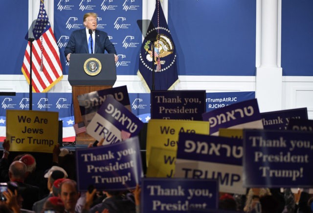 LAS VEGAS, NEVADA - APRIL 06: U.S. President Donald Trump speaks during the Republican Jewish Coalition's annual leadership meeting at The Venetian Las Vegas on April 6, 2019 in Las Vegas, Nevada. Trump has cited his moving of the U.S. embassy in Israel to Jerusalem and his decision to pull …