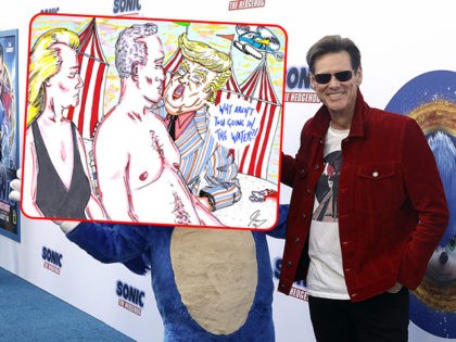 Sonic, left, and Jim Carrey arrive at the LA Premiere of "Sonic The Hedgehog" at the Param