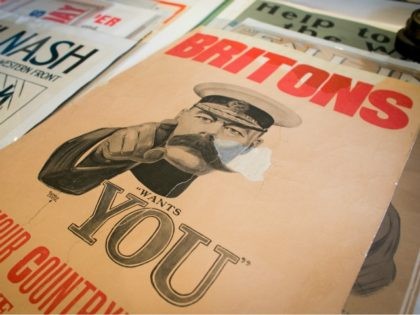 BLANDFORD FORUM, ENGLAND - JULY 08: First World War recruitment posters including the Alfred Leete's Lord Kitchener's "Wants You" original recruiting poster from 1914 that is estimated at £10000 - £15000 and that are being sold tomorrow in the Onslows Auctioneers, The Great War Centenary and Summer Vintage Posters Auction …