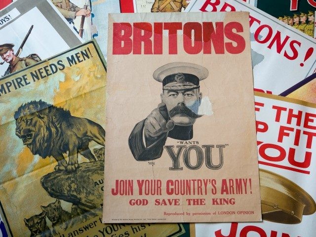 BLANDFORD FORUM, ENGLAND - JULY 08: First World War recruitment posters including the Alfred Leete's Lord Kitchener's "Wants You" original recruiting poster from 1914 that is estimated at £10000 - £15000 and that are being sold tomorrow in the Onslows Auctioneers, The Great War Centenary and Summer Vintage Posters Auction …
