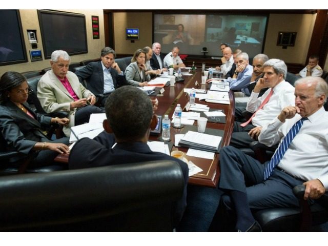 The White House press office shows President Obama addressing his national security advisors in the Situation Room of the White House on Saturday. PETE SOUZA/White House