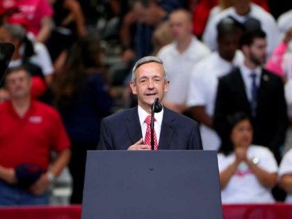 DALLAS, TEXAS - OCTOBER 17: Pastor Robert Jeffress leads the Pledge of Allegiance before U.S. President Donald Trump speaks during a "Keep America Great" Campaign Rally at American Airlines Center on October 17, 2019 in Dallas, Texas. (Photo by Tom Pennington/Getty Images)