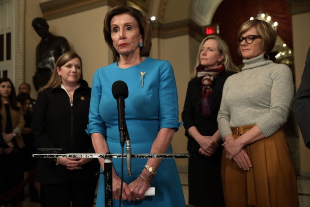 WASHINGTON, DC - MARCH 13: U.S. Speaker of the House Rep. Nancy Pelosi (D-CA) speaks to members of the media as Rep. Lizzie Fletcher (D-TX), Rep. Abigail Spanberger (D-VA) and Rep. Susie Lee (D-NV) listen at the U.S. Capitol March 13, 2020 in Washington, DC. Speaker Pelosi held a briefing …