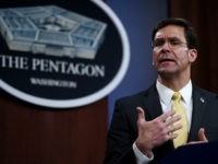 Secretary of Defense Mark Esper speaks at a press conference with British Defence Secretary Ben Wallace (out of frame) in the briefing room at the Pentagon on March 5, 2020 in Washington, DC. (Photo by Olivier DOULIERY / AFP) (Photo by OLIVIER DOULIERY/AFP via Getty Images)