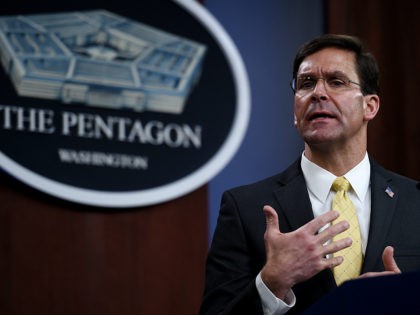 Secretary of Defense Mark Esper speaks at a press conference with British Defence Secretary Ben Wallace (out of frame) in the briefing room at the Pentagon on March 5, 2020 in Washington, DC. (Photo by Olivier DOULIERY / AFP) (Photo by OLIVIER DOULIERY/AFP via Getty Images)