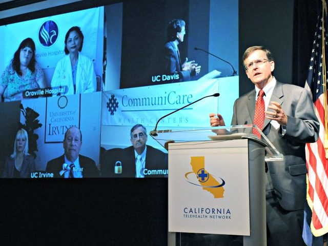 SACRAMENTO, CA - AUGUST 17: In this handout photo released by the California Telehealth Network (CTN) , Dr. Tom Nesbitt, Chancellor Strategic Technologies and Alliances, University of California Davis Health System speaks during the launch of the California Telehealth Network August 17, 2010 in Sacramento, California. The system uses Broadband …