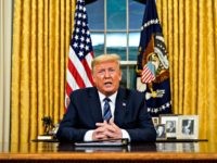 WASHINGTON, DC - MARCH 11: US President Donald Trump addresses the nation from the Oval Office about the widening coronavirus crisis on March 11, 2020 in Washington, DC. President Trump said the US will suspend all travel from Europe for the next 30 days. Since December 2019, coronavirus (COVID-19) has …