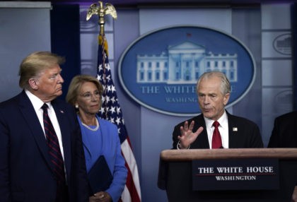 WASHINGTON, DC - MARCH 27: White House Trade and Manufacturing Policy Director Peter Navarro speaks as U.S. President Donald Trump and Secretary of Education Betsy DeVos during a briefing on the coronavirus pandemic in the press briefing room of the White House on March 27, 2020 in Washington, DC. President …