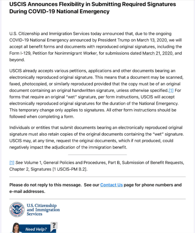 USCIS announces flexibility in submitting required signatures during coronavirus national emergency.