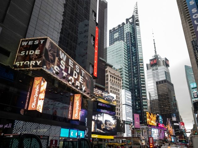 A poster on Times Square advertises West Side Story at the Broadway Theater on February 7,