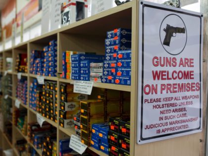 Ammunition boxes are for sale at a gun shop in Merrimack, New Hampshire, on November 5, 2016. According to the proprietor, October's sales in his store were double that of 2015, with customers expressing anxiety about the November election. / AFP / DOMINICK REUTER (Photo credit should read DOMINICK REUTER/AFP …