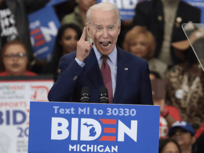 DETROIT, MICHIGAN - MARCH 09: Democratic presidential candidate former Vice President Joe Biden address the crowd gathered for a campaign rally at Renaissance High School on March 09, 2020 in Detroit, Michigan. Michigan will hold its primary election tomorrow. (Photo by Scott Olson/Getty Images)