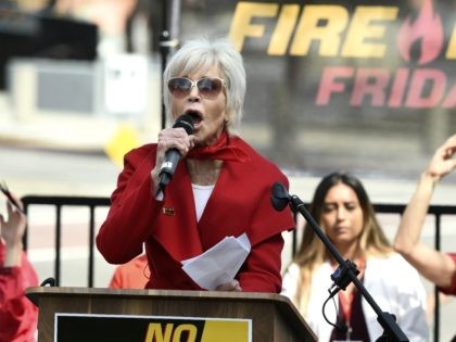 Actress Jane Fonda addresses the crowd during a Fire Drill Fridays rally protesting neighborhood oil drilling, Friday, March 6, 2020, in the Los Angeles Harbor neighborhood. (AP Photo/Chris Pizzello)
