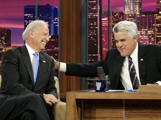 Host Jay Leno, right, and Democratic vice-presidential candidate Joe Biden chat during tap