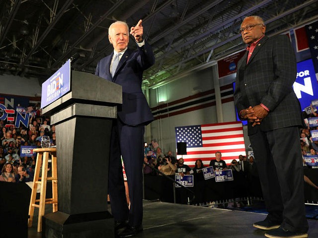 COLUMBIA, SOUTH CAROLINA - FEBRUARY 29: Democratic presidential candidate former Vice President Joe Biden, with Rep. Jim Clyburn (D-SC) (R), speaks on stage after declaring victory in the South Carolina presidential primary on February 29, 2020 in Columbia, South Carolina. South Carolina is the first-in-the-south primary and the fourth state …