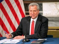 NEW YORK, NY - MARCH 19: Mayor Bill De Blasio speaks during a video press conference on the city's response to the coronavirus (COVID-19) outbreak held at City Hall on March 19, 2020 in New York City. Reporters participated via WebEx and the event was streamed live by local media. …