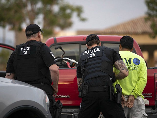 In this July 8, 2019, photo, a U.S. Immigration and Customs Enforcement (ICE) officers det