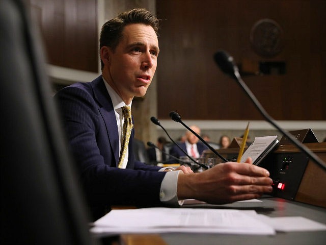 WASHINGTON, DC - DECEMBER 03: Senate Armed Services Committee member Sen. Josh Hawley (R-OM) questions witnesses during a hearing in the Dirksen Senate Office Building on Capitol Hill December 03, 2019 in Washington, DC. Military secretaries and members of the Joint Chiefs testified about a new GAO report about ongoing …